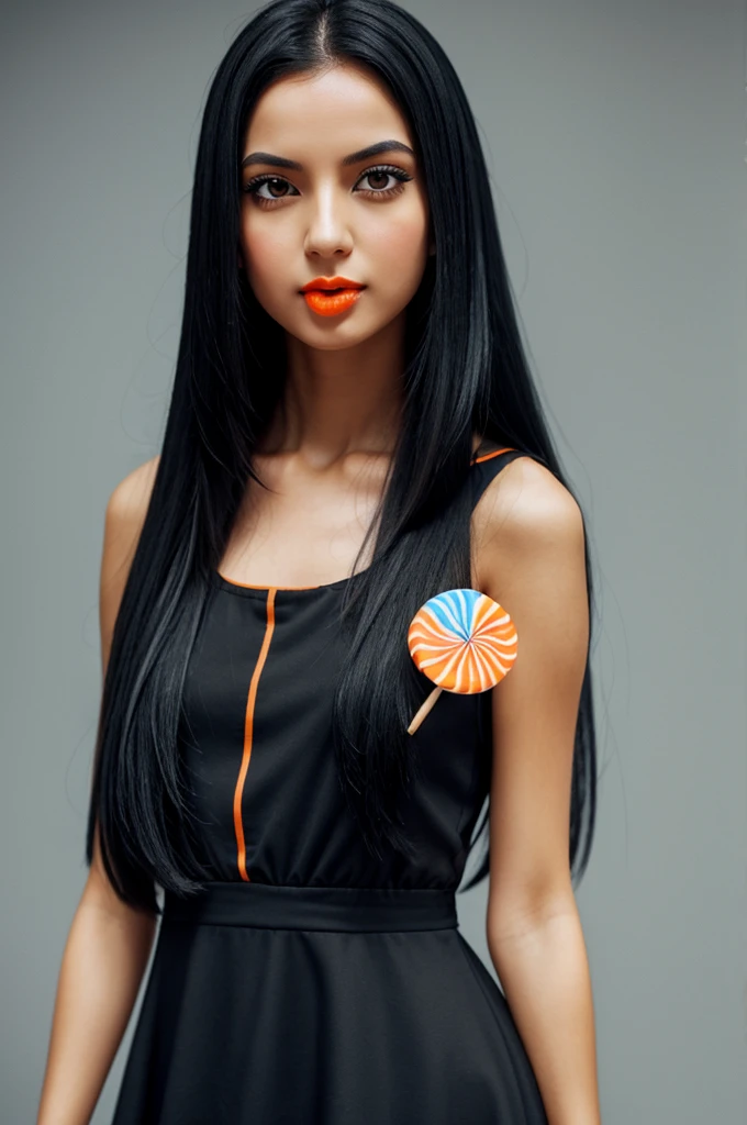 Create a girl with long straight black hair, slim, WITH BLACK LENSES, small black eyes, with an orange and blue dress, eating a lollipop
