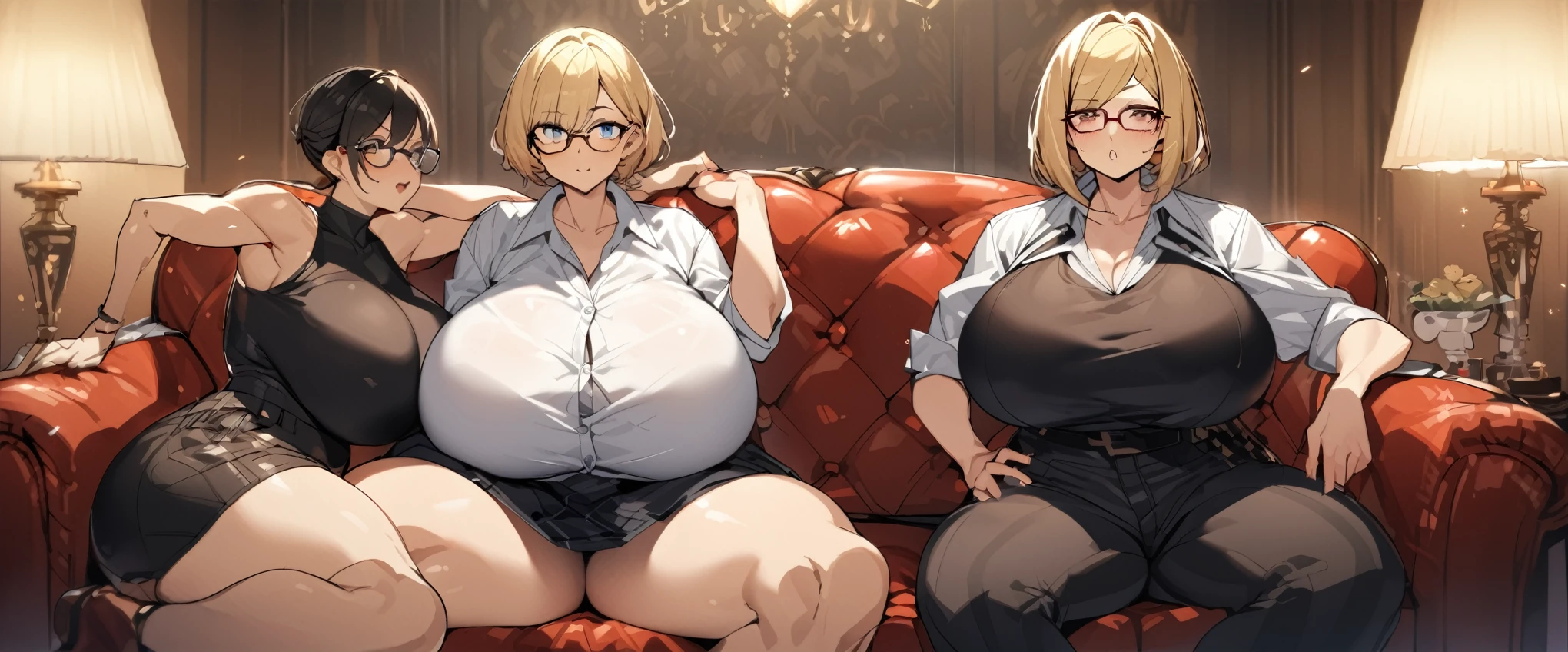 Glasses, blonde short hair, big , gigantic hips, tomboy, sit on a couch 