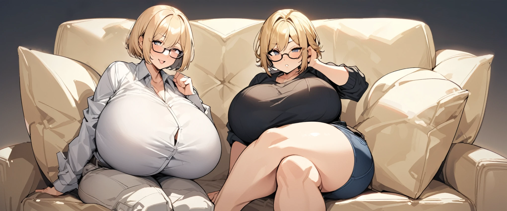 Glasses, blonde short hair, big , gigantic hips, tomboy, sit on a couch 