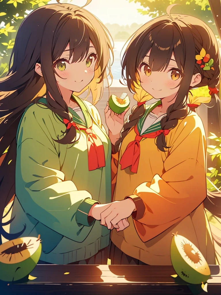 kawaii, anime, Cute, hyper quality, highly detailed, 16k, Front facing, Clarity, girl, brown long hair, green eyes, smile, two girls, Both girls have long dark brown hair., golden eyes, green kiwi, golden kiwi, pale colors, Fluffy feeling, light atmosphere, dazzling light, highlight on eyes, smiling, wink, Dark brown twintails and long dark brown hair, , whole body, fold one's hands, A good friend, close one eye, angel feather hairpin, kiwi hairpin,