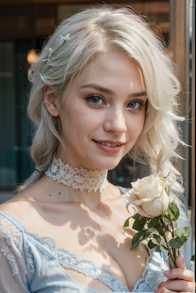 White hair, beautiful blue eyes, beautiful teeth smile, smiling, open mouth, She held a white rose in her hand