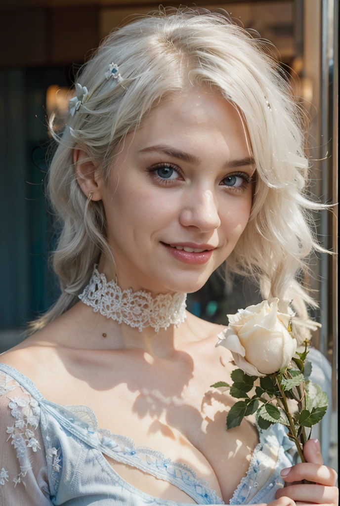 White hair, beautiful blue eyes, beautiful teeth smile, smiling, open mouth, She held a white rose in her hand