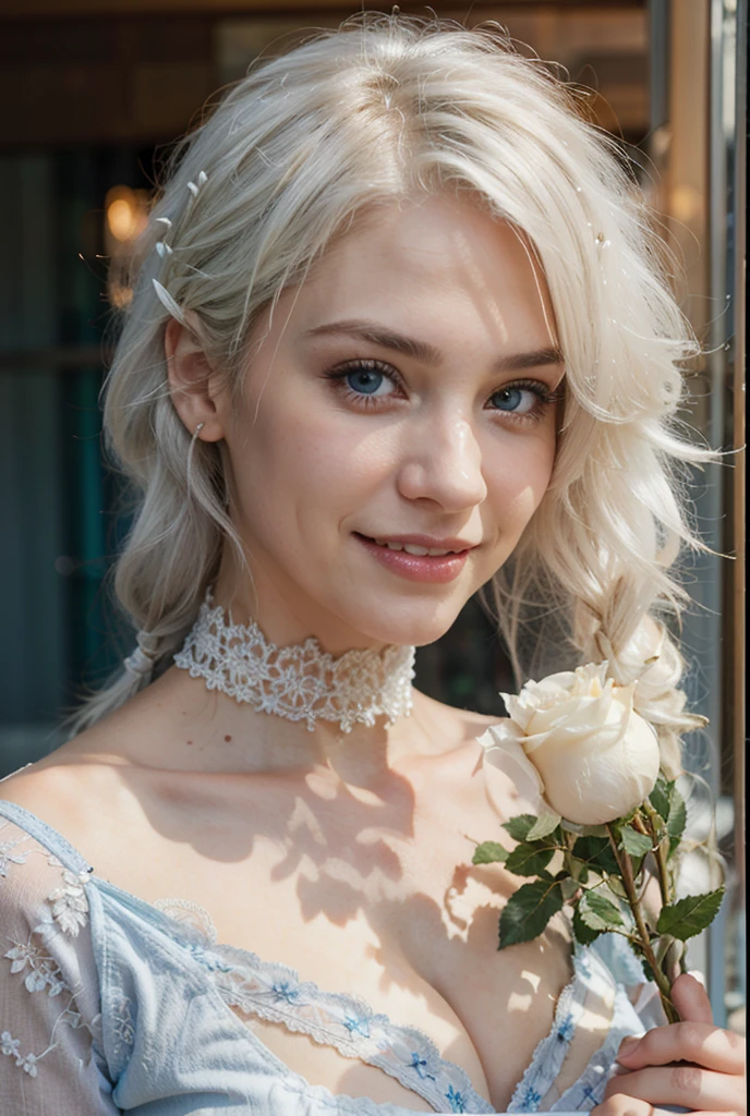 White hair, beautiful blue eyes, beautiful teeth smile, smiling, open mouth, She held a white rose in her hand