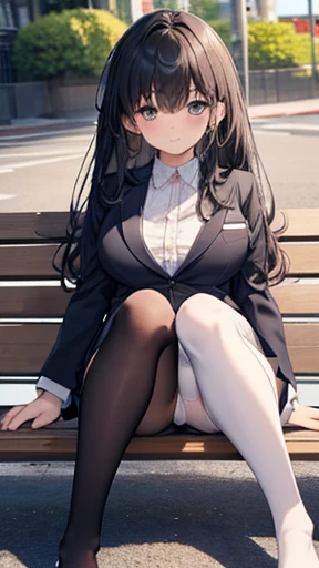 Anime girl sitting on a bench in the city、Highest quality, masterpiece, High resolution, (Head to Toe full body), front, frontやや下からの構図, Symmetric, Tall 18 year old girl, alone, (Head to Toe), (Large ), Long black hair, bangs, (black tights), (Black Pantyho(Sit with your legs apart), (Crouching pose), (A work depicting white panties), (H were spread、I see your white pants.), (I was made to sit on the floor with my legs spread......), (M-shaped feet), Thin legs, とても美しくTall 18 year old girl, (No shoes), blush, Shy big eyes, Looking into the camera, Blazer Uniform, Checkered Pleated Skirt