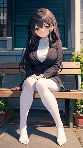 Anime girl sitting on a bench in the city、Highest quality, masterpiece, High resolution, (Head to Toe full body), front, frontやや下からの構図, Symmetric, Tall 18 year old girl, alone, (Head to Toe), (Large Breasts), Long black hair, bangs, (black tights), (Black Pantyhose), (Sit with your legs apart), (Crouching pose), (A work depicting white panties), (Her legs were spread、I see your white pants.), (I was made to sit on the floor with my legs spread......), (M-shaped feet), Thin legs, とても美しくTall 18 year old girl, (No shoes), blush, Shy big eyes, Looking into the camera, Blazer Uniform, Checkered Pleated Skirt