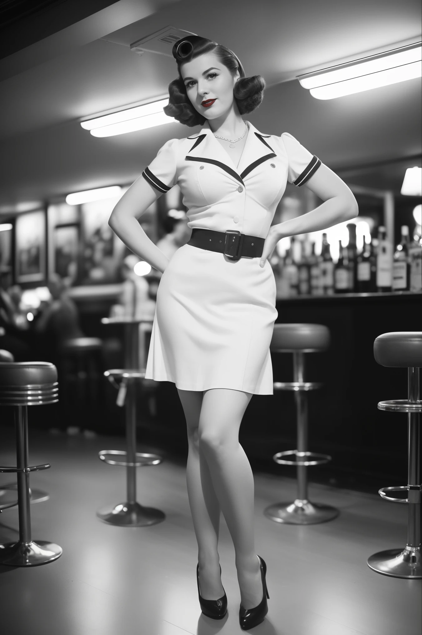 full body portrait of Betty (styled in a 1940's, Sailor red polcadot Dress, open chest, highly detailed:1.3), (highly detailed face:1.8), (1940's Pompadour Hairstyle:1.3), (slim body, small breasts, small hips:1.5), (leaning back on the bar:1.5), (background inside a full collour, old, 1940's big-band bar:1.4), (soft studio lighting), JCH Street Pan, ISO 100