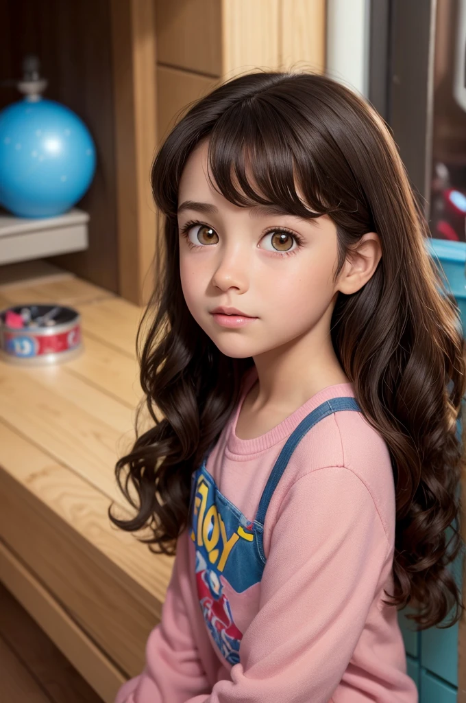 brunette, curly dark hair,brown dark eyes, in Disney Pixar animation style in the film Toy Story
