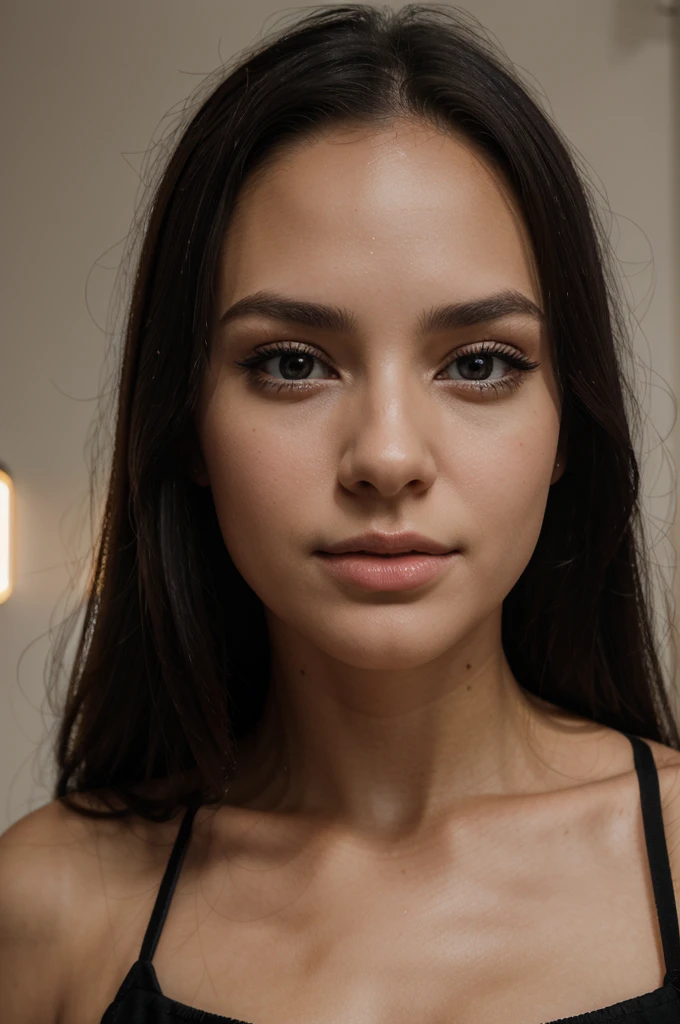 a beautiful young woman, cute woman, pretty woman, face detailled, small forehead, small, brow, lightnning luminosity, persistant regard, beautiful look, detailed portrait, realistic, long black hair, gorgeous face, plump lips, black eyes, small nose, dimple, high quality, 8k, hyper realistic, photorealistic award winning, studio lighting