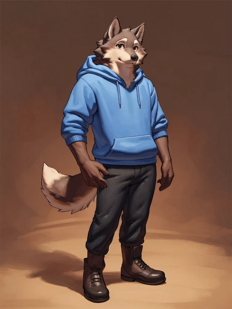 ((Best quality, masterpiece, detailed anatomy, detailed eyes, detailed hands, perfect lighting, perfect shading.)), by Meesh, by Bebebebebe, 1male, Wolf, brown furs, tight body, dark brown eyes, skinny chub body, young body, blue sleeveless hoodie, black pants, brown boots, at the white background