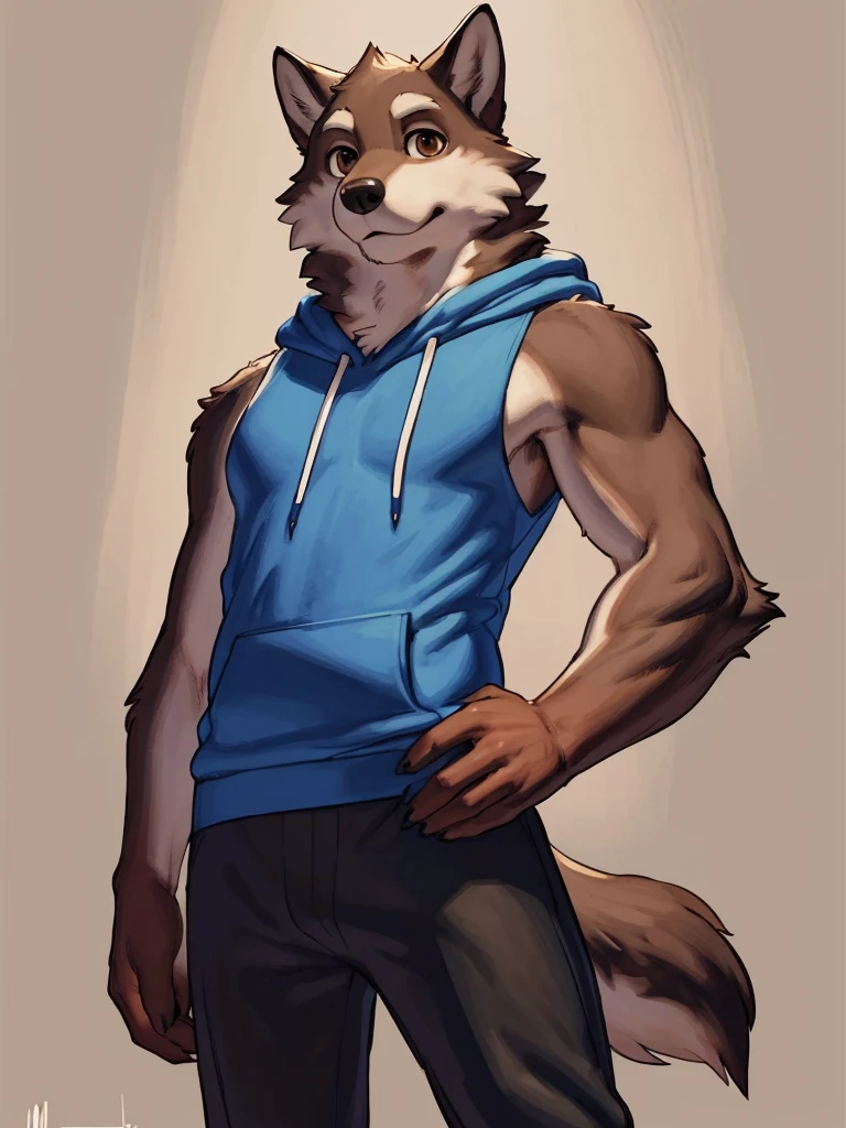 ((Best quality, masterpiece, detailed anatomy, detailed eyes, detailed hands, perfect lighting, perfect shading.)), by Meesh, by Bebebebebe, 1male, Wolf, brown furs, tight body, dark brown eyes, skinny chub body, young body, blue sleeveless hoodie, black pants, brown boots, at the white background