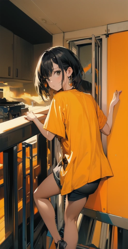 1girl, solo, long hair, looking at viewer, shirt, black hair, sitting, shoes, sleeveless, pants, medium hair, black eyes, black shirt, sleeveless shirt, ground vehicle, yellow pants, orange pants, washing machine