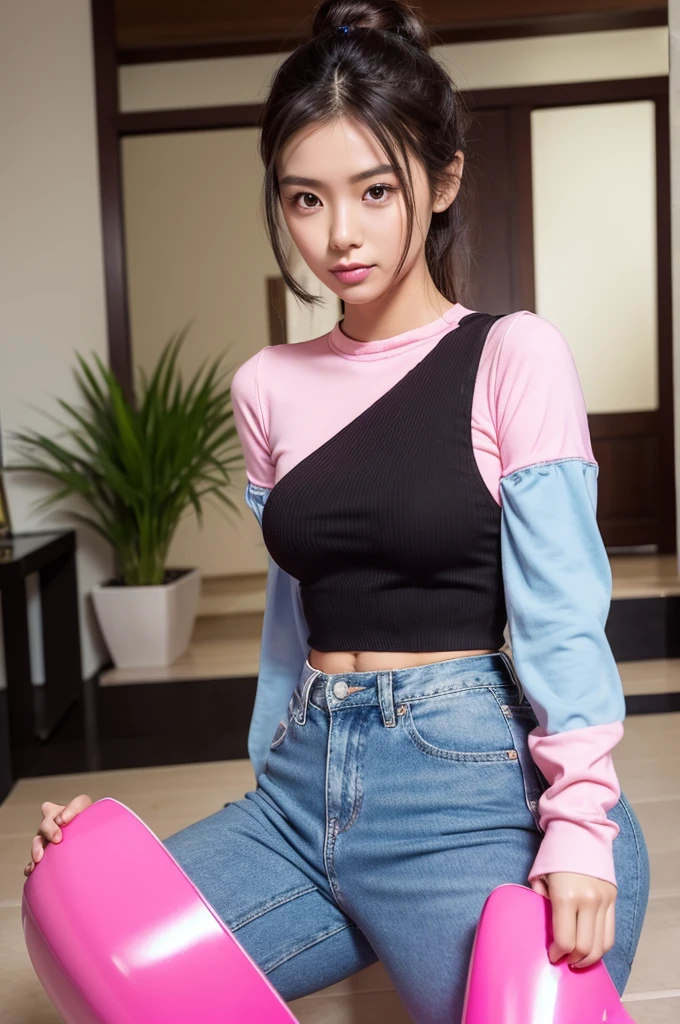 [[((young attractive Singaporean woman with strong Chinese Asian influence, a brown tanned complexion, long straight dark black hair, striking almond-shaped dark brown eyes, and a  frame:1.6)), ((Sophie Tan:1.5)), standing confidently on a staircase in a Y2K fashion outfit. She is wearing ((a neon yellow cropped top with long sleeves, light blue denim jeans with star patches, and pink platform boots:1.4)). Her hair is styled in two buns on top of her head, giving her a cute and fashionable look. The background features a modern indoor staircase with natural lighting. The scene is captured with a ((full-frame DSLR:1.4)) using a ((50mm prime lens:1.4)) to keep Sophie in sharp focus while the background is slightly blurred. Professional lighting enhances her natural features and the vibrant colors of her outfit. The image should be in ((8K resolution:1.5)) with ((hyper-realistic detail:1.6)). The focus is entirely on Sophie’s trendy Y2K outfit, her confident pose, and her playful hairstyle, capturing her essence perfectly for an Instagram photo.]]

