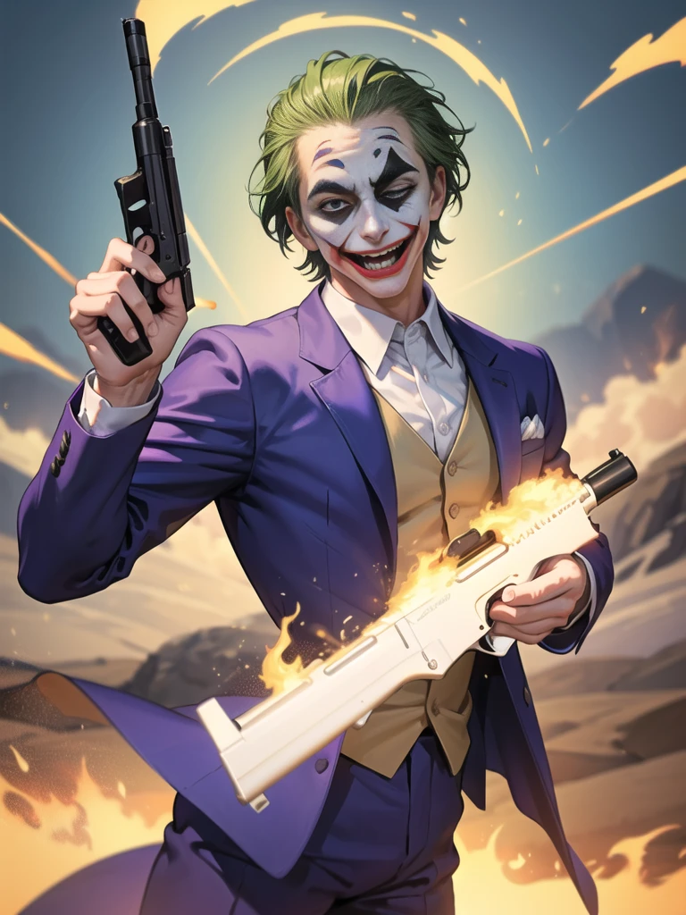 Masterpiece, best quality, The Joker wears a purple suit., , look at viewer, Aim the gun., ถือpistol, look at viewer, stand, , ((pistol)),((Aim the gun.ไปที่ผู้ชม)),gun possession, desert, Laugh and laugh ,explosion from gun , lots of smoke