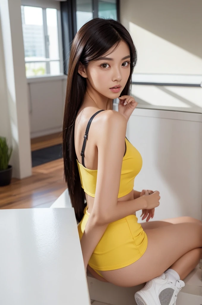 Woman, skin black,hair blonde, in a short yellow dress, Above the Knee,  