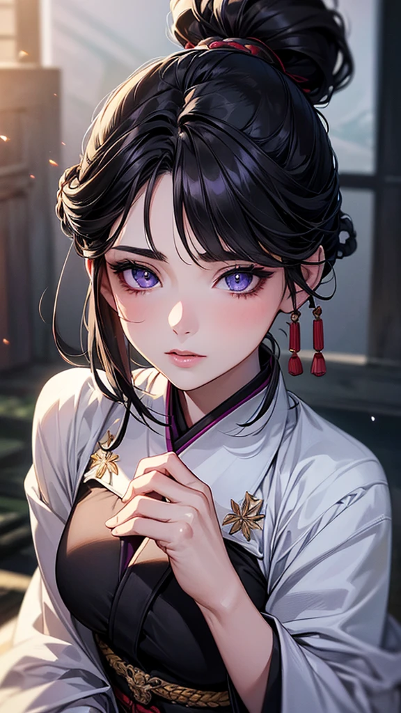 Highest quality, Ultra-high resolution, (Realistic: 1.4), beautiful Eyes, Super beautiful女性,30 years old、 beautiful, Warrior, Japanese Clothing、((Black Hair、Updo Hair)),Black and purple tones、ice、beautiful Soldier, Inviting eyes, spouse&#39;Perspective, Droopy eyes、Attractive appearance, Sexy smile, Perfect Style, Perfect balance、Large Breasts、 Detailed skin, Mischievous Gaze,beautiful背景