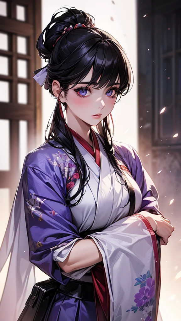 Highest quality, Ultra-high resolution, (Realistic: 1.4), beautiful Eyes, Super beautiful女性,30 years old、 beautiful, Warrior, Japanese Clothing、((Black Hair、Updo Hair)),Black and purple tones、ice、beautiful Soldier, Inviting eyes, spouse&#39;Perspective, Droopy eyes、Attractive appearance, Sexy smile, Perfect Style, Perfect balance、Large Breasts、 Detailed skin, Mischievous Gaze,beautiful背景