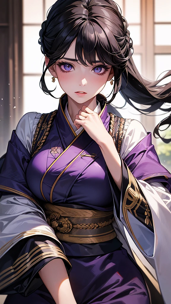 Highest quality, Ultra-high resolution, (Realistic: 1.4), beautiful Eyes, Super beautiful女性,30 years old、 beautiful, Warrior, Japanese Clothing、((Black Hair、Updo Hair)),Black and purple tones、ice、beautiful Soldier, Inviting eyes, spouse'Perspective, Droopy eyes、Attractive appearance, Sexy smile, Perfect Style, Perfect balance、Large Breasts、 Detailed skin, Mischievous Gaze,beautiful背景
