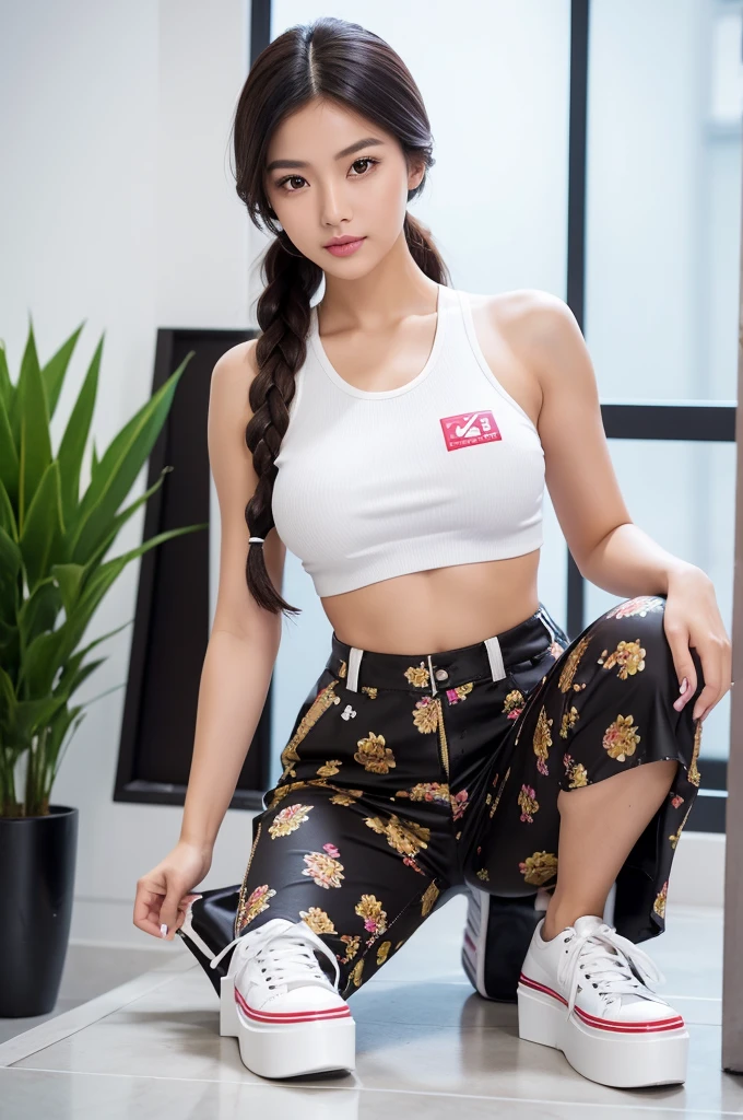 [[((young attractive Singaporean woman with strong Chinese Asian influence, a brown tanned complexion, long straight dark black hair, striking almond-shaped dark brown eyes, and a  frame:1.6)), ((Sophie Tan:1.5)), posing confidently on a staircase in a stylish Y2K fashion outfit. She is wearing ((a floral cropped top, colorful floral print pants, and white platform sneakers:1.4)). Her hair is styled in long braids with colorful hair clips. The background features a modern indoor staircase with natural lighting. The scene is captured with a ((full-frame DSLR:1.4)) using a ((24-70mm zoom lens:1.4)) to keep Sophie in sharp focus while the background is slightly blurred. Professional lighting enhances her natural features and the vibrant colors of her outfit. The image should be in ((8K resolution:1.5)) with ((hyper-realistic detail:1.6)). The focus is entirely on Sophie’s trendy Y2K outfit, her confident pose, and her playful hairstyle, capturing her essence perfectly for an Instagram photo.]]
