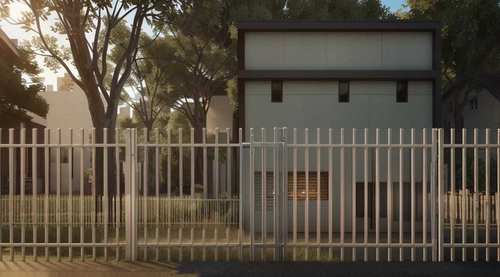 in the background there is a white fence with a building, Rendering to Vray, Photographic rendering, photorealistic rendering, architectural rendering, conceptual, architectural rendering, photorealistic renderинг, realistic cinema 4d rendering, denoised photorealistic render, Rendering to Vray, photorealistic render, rendering in 3dsmax, Realistic CGI rendering, Artur Tarnovsky