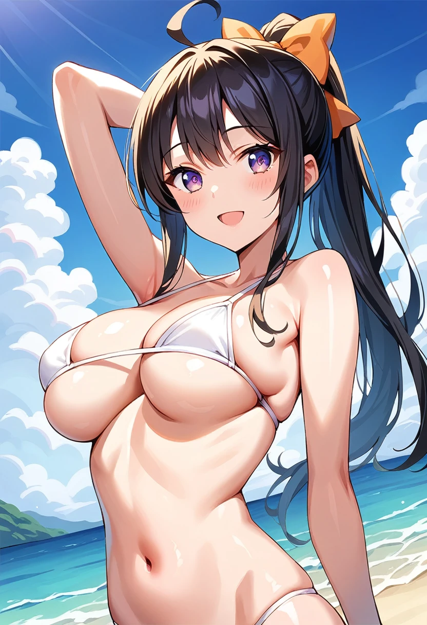 score_9, score_8_up, score_7_up, source_anime, 
BREAK pinup of 1girl, black hair, ponytail, long hair, bangs, ahoge, bow hair, dark orange hair bow, defined pupil, defined iris, purple eye, one eye, blush, dot nose, open mouth, smile, collarbone, bare shoulders, armpits, hand up, hand behind head, large breasts, cleavage, underboob, white micro string halter bikini top, navel, upper body, shiny hair, shiny skin, shiny clothes, looking at viewer, solo, outdoors, standing, ocean, water, beach sand, sky, clouds, day, dutch angle,