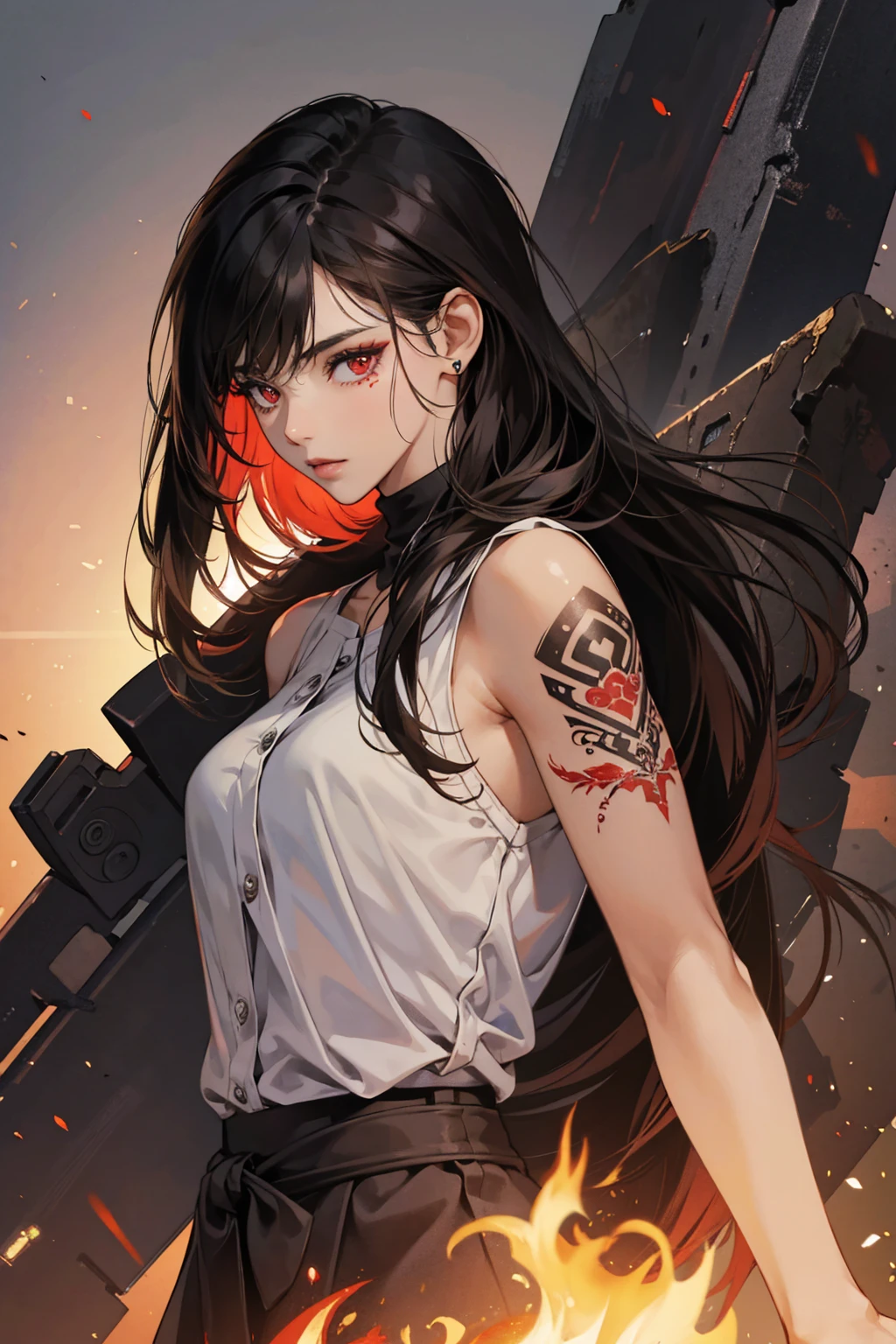 female, solo, brown skin, black hair, red eyes, Tattoo