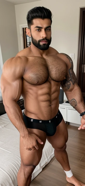 a indian sexy young beard man with a big cock is standing in bedroom, gigachad muscular, beefy, mid-shot of a hunky boy, strong and imposing, exaggeratedly large physique, juicy meat, tall and muscular, detailed veiny muscles, sexy muscular body, muscular body, very muscly, strong masculine features, muscular male, powerful and huge, realistic, seduction, erotic bulge, in hot underwear, from above view, ear studs, tattoos, hunk getting foot kissing by another hunk in one photo, feet worship, pornography, hunk is body stretching, another hunk smelling laying hunk feet, from lower body view, black socks, hot sexy poses, nudity, underwear pulled down and showing public hair