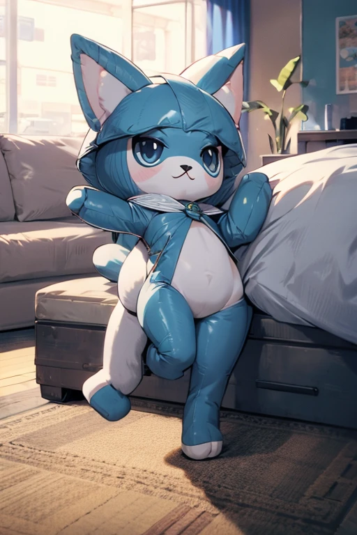 full body photo of a very realistic bastet cat suit, cute glossy cat, glossy surface, shiny vinyl, very long and sharp wart on lower belly, smiling, indoor, room, supine, lying on his back, waving hands, looking at the viewer, on the bed, large limbs, detailed eyes, extremely detailed, nyanzaemon