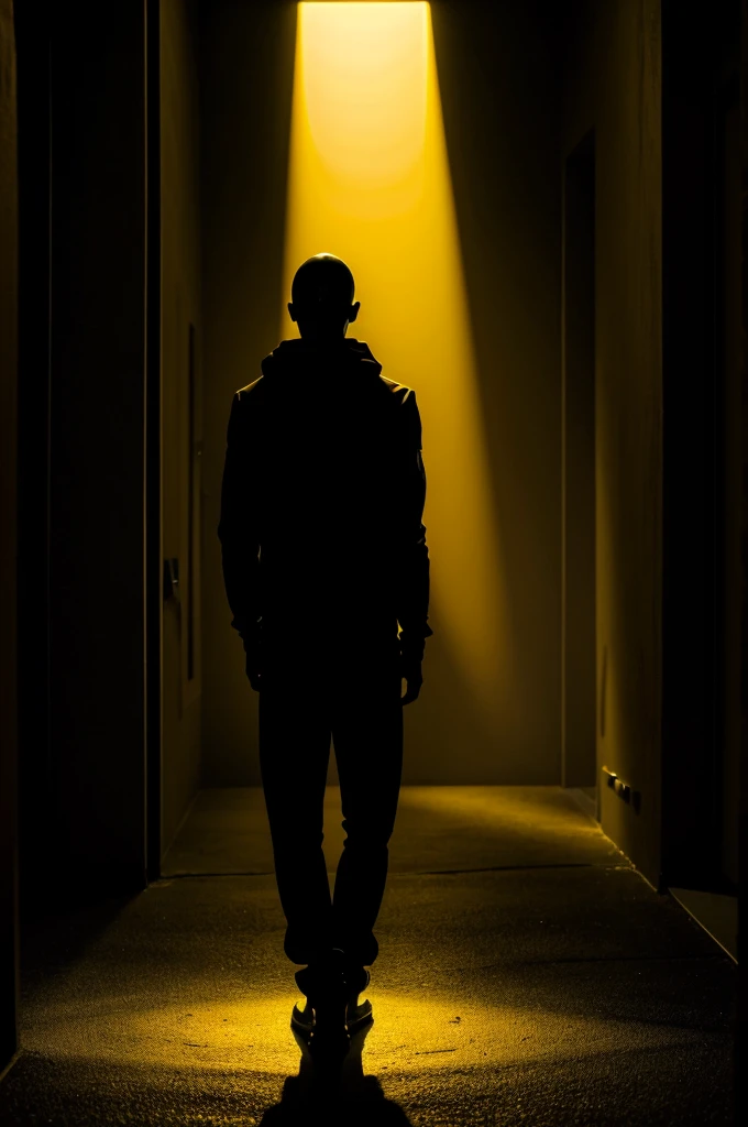 Dark figure in the shadows, dark background. humanoid shape, wrapped in shadows. The only thing you can see of his face are 2 bright yellow menacing eyes.. Turning his back to the viewer but looking askance behind him.