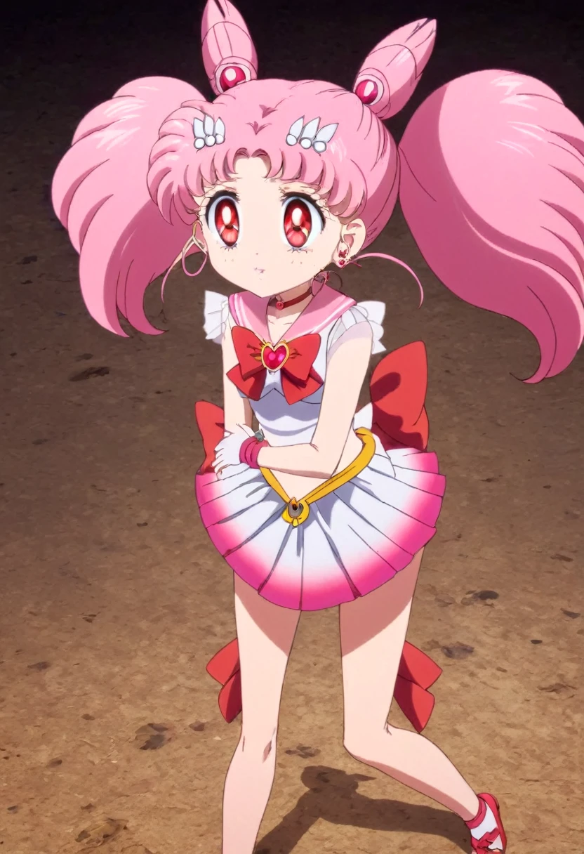 1 girl, animated coloring, Blue eyes, Closed mouth, crystal movies style, earrings, Red eyes, pink hair, Bun, inside, jewelry, magical girl, multicolored Skirt, collar, pleated Skirt, red bow, short hair, Bermuda, Skirt, two tails, very long hair