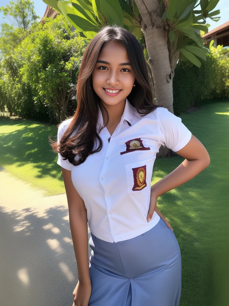 1girl, (Indonesian_high_school_uniform), standing, outdoors, clear light, detailed face, detailed eyes, (seductive smile: 1.1), huge breasts, shiny skin, indonesian face, looking at the audience,(8k, RAW photo, best quality, masterpiece: 1.17), (realistic, realistic: 1.21), ultra-high resolution