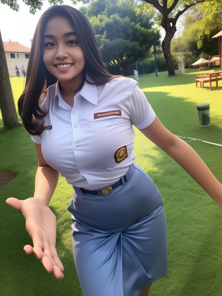 1girl, (Indonesian_high_school_uniform), standing, outdoors, clear light, detailed face, detailed eyes, (seductive smile: 1.1), huge breasts, shiny skin, indonesian face, looking at the audience,(8k, RAW photo, best quality, masterpiece: 1.17), (realistic, realistic: 1.21), ultra-high resolution