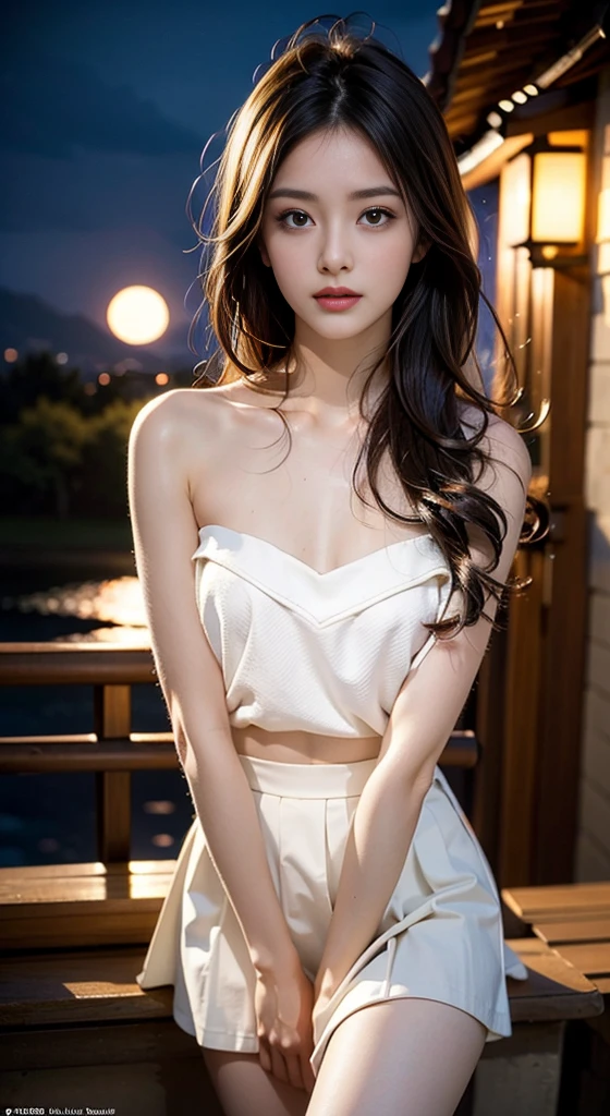 ((Bare shoulders)), ((Full breasts)), ((The skirt is short)), ((Sexy legs)), ((knee shot)), ((Standing, Elegant posture)), 1girl,独奏, 1girl, Cute Girl, Beauty, Practical, Fashion Girl, Red lips, Mature women, Exquisite makeup, big eyes, beautiful, (best quality, masterpiece:1.2), Extremely detailed, (Practical:1.37), ((Random Scenes, Random shooting angle)), ((Sexy long legs)), Young and energetic, Charming model, (Exquisite eyes, Delicate lips), Show a bright smile, Create stunning girl images, warm color, Extremely saturated colors, Official Art, Extremely detailed的 CG, Unity 8K wallpaper, (High Dynamic Range :1.4), (Movie atmosphere),(Soft colors), (Natural skin texture, ultra-Practical, Soft Light, sharp),(Very detailed), night, moonlight