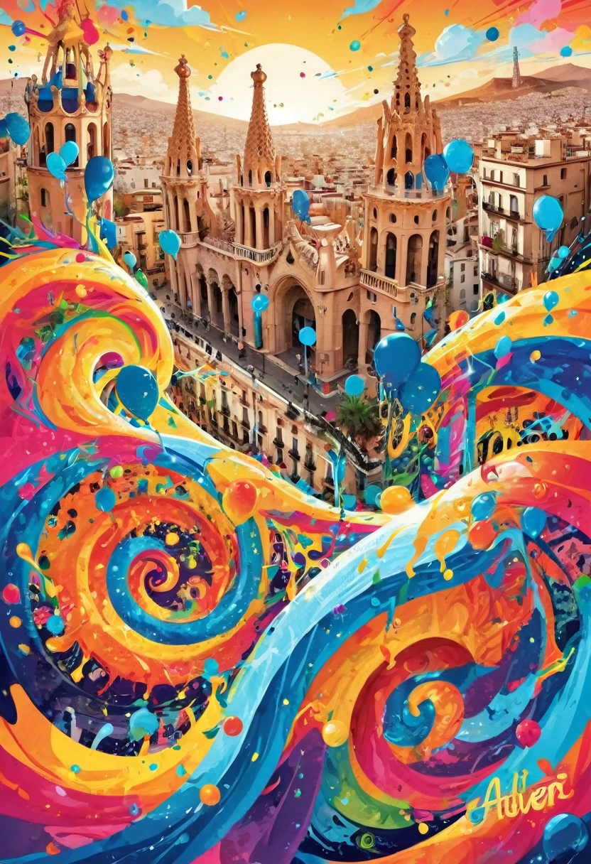 A t-shirt with vector art of a colorful illustration, city of Barcelona , At the center, swirly vibrant colors, paint splashes and smears, high détail, t-shirt designs
(work of art, best qualityer, proffesional, perfect composition, very aesthetic, absurdrez, super verbose, details Intricate:1.3)