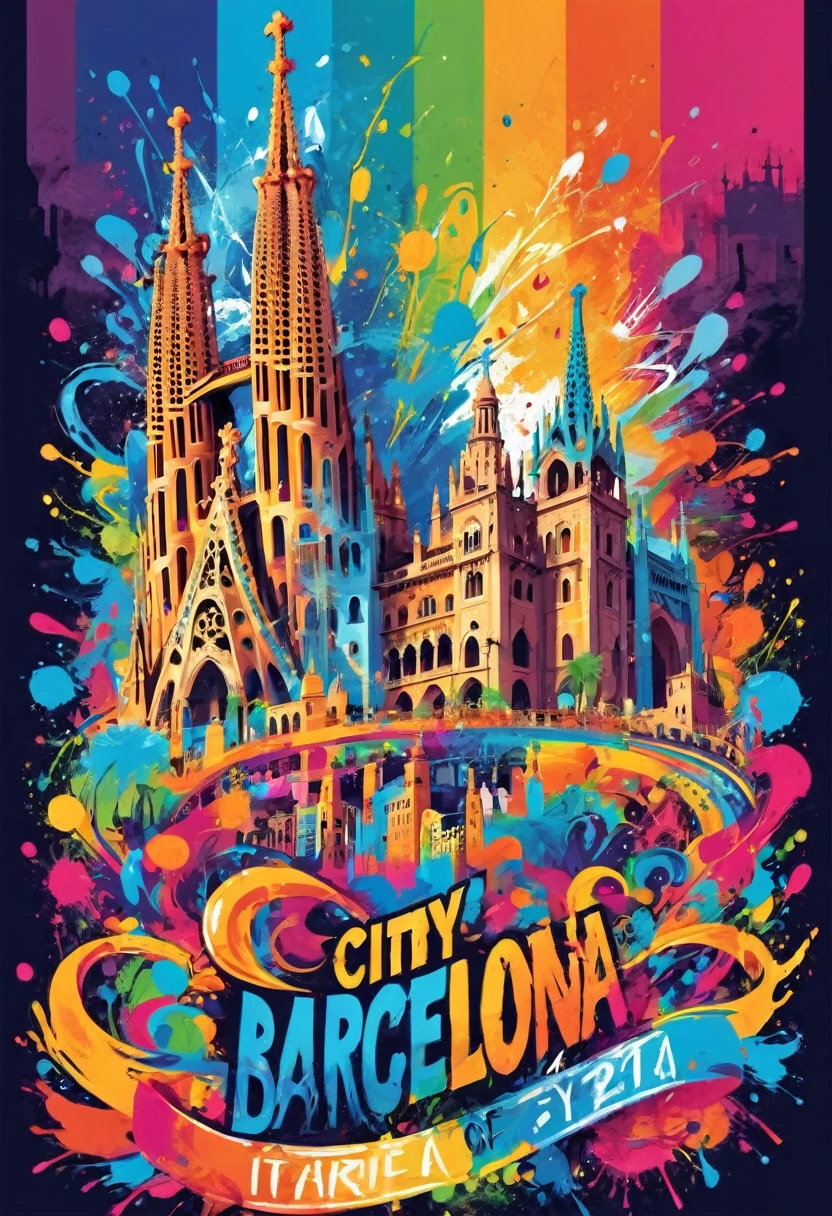 A t-shirt with vector art of a colorful illustration, city of Barcelona , At the center, swirly vibrant colors, paint splashes and smears, high détail, t-shirt designs
(work of art, best qualityer, proffesional, perfect composition, very aesthetic, absurdrez, super verbose, details Intricate:1.3)