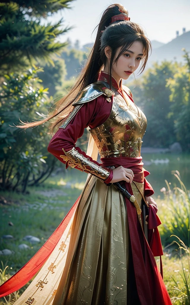 Game Art，Best picture quality，Maximum resolution，8K，(full-body shot)，(Head close-up)，(Rule of Thirds)，Unreal Engine 5 rendering works， (Future Girl)，(Female Warrior)， 
18-year-old Korean girl，The facial features are beautiful and delicate（A gentle smile facing the camera）(Chinese samurai)，(Short ponytail hairstyle)，Eyes full of details，(Large Breasts)，Elegant and noble，
(Costumes with Chinese swordsman elements，figure服饰，armor，The costume is red and gold，Heavy Armor，Joint armor)，(Chinese Hanfu:1.3)，figure，Fantasy style，
Photo poses，Field background，light，Ray Tracing，Game CG，((3D Unreal Engine))，oc rendering reflection pattern，