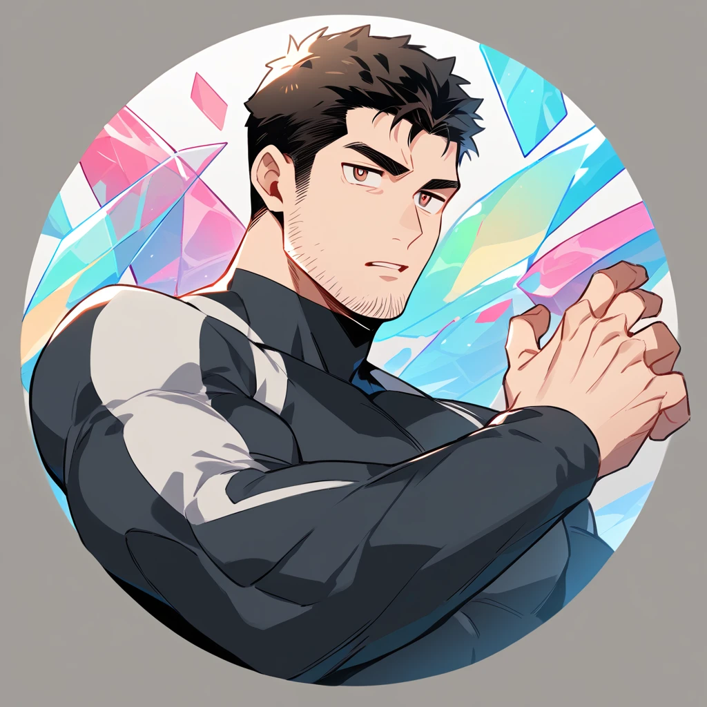anime characters:Chris Redfield, Muscle Sports Student, Buzz Cut, Manliness, male focus, Dark black high collar long sleeve tight T-shirt, Slightly transparent material, Very tight, Round, full and perky chest muscles, muscular male, muscular, only, Upper body, alone, Black short hair, Thick eyebrows, stubble, Brown-red pupils, Grey background, simple background, amazing quality, best aesthetics, Ridiculous, crew cut, parted lips, v-shaped eyebrows, jitome, best quality