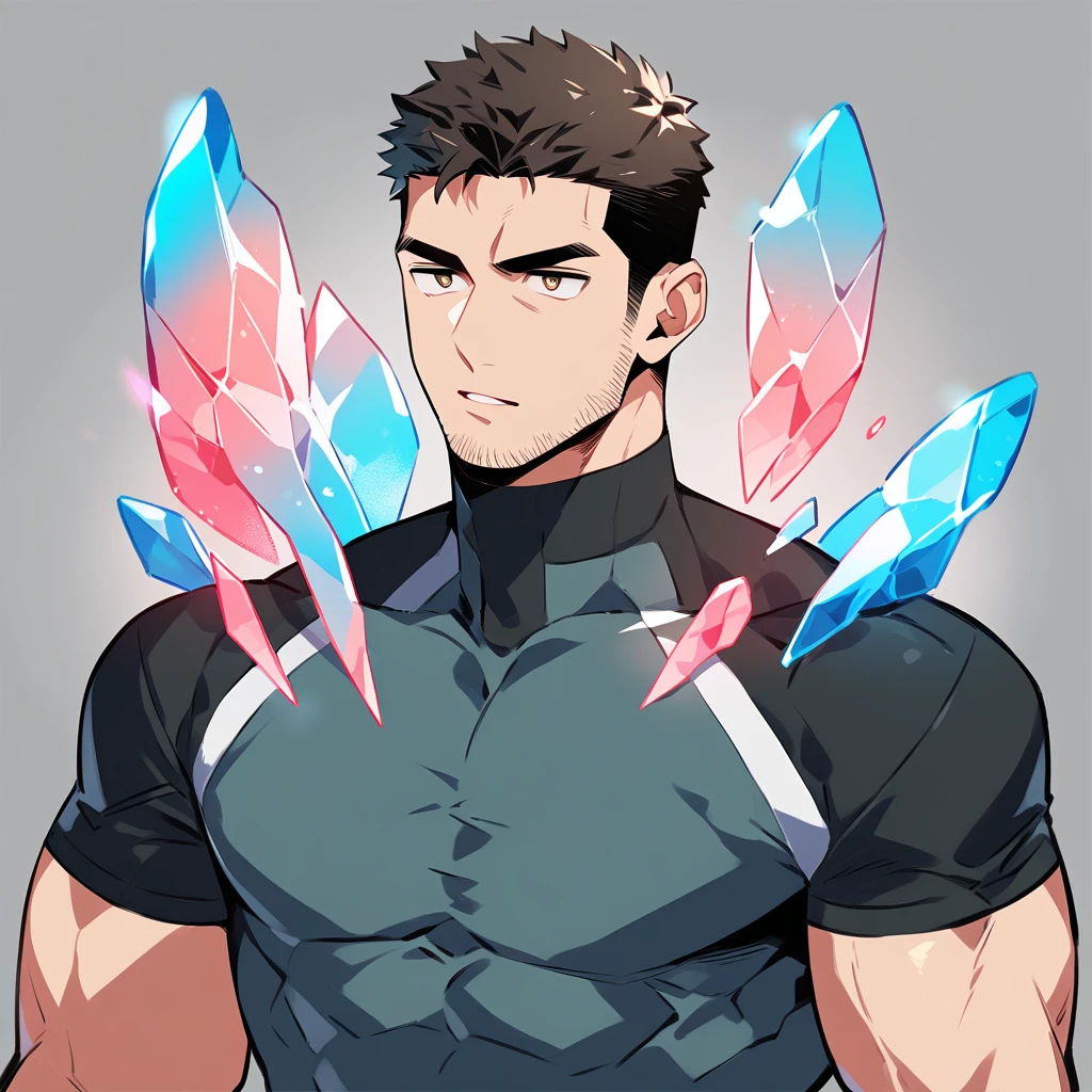 anime characters:Chris Redfield, Muscle Sports Student, Buzz Cut, Manliness, male focus, Dark black high collar long sleeve tight T-shirt, Slightly transparent material, Very tight, Round, full and perky chest muscles, muscular male, muscular, only, Upper body, alone, Black short hair, Thick eyebrows, stubble, Brown-red pupils, Grey background, simple background, amazing quality, best aesthetics, Ridiculous, crew cut, parted lips, v-shaped eyebrows, jitome, best quality