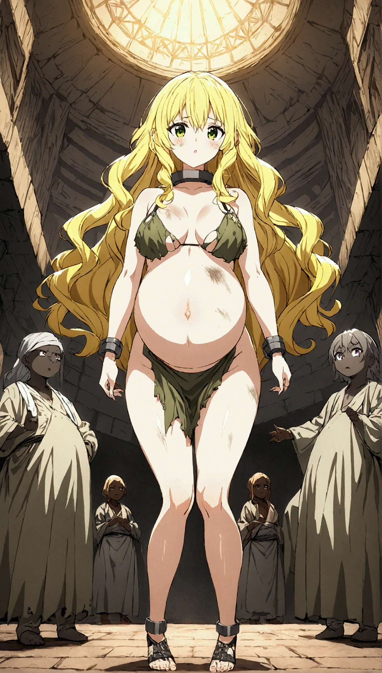 Anime. 1 Girl. Cute girl. Slave. Pregnant. Blonde hair. Long hair. Wavy hair. Green eyes. Beautiful eyes. Perfect eyes. Expressive eyes. Ideal face. Beautiful nose. ********. Medium breasts. Beautiful breasts. Urinary. Ideal anatomical body. Dirty tunic. Torn tunic. Slave collar. No panties. Standing in a slave market. Full height. Slum. Slave market. Many people. Beautiful character design. Shiny skin. full body. nswf. Official art. Extremely detailed CG Unity 8k wallpaper. Ideal lighting. Ultra high resolution 4K. Super detailed 8K resolution. A high resolution.