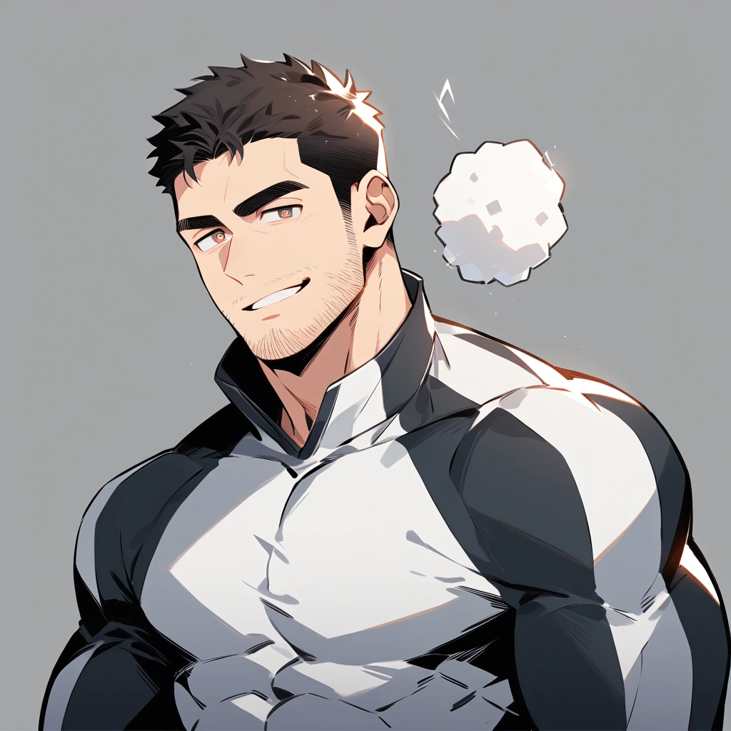 anime characters:Chris Redfield, Muscle Sports Student, Buzz Cut, Manliness, male focus, Dark black high collar long sleeve tight T-shirt, Slightly transparent material, Very tight, Round, full and perky chest muscles, muscular male, muscular, only, Upper body, alone, Black short hair, Thick eyebrows, stubble, Brown-red pupils, Grey background, simple background, amazing quality, best aesthetics, Ridiculous, crew cut, parted lips, raised eyebrow, seductive smile, naughty face, best quality