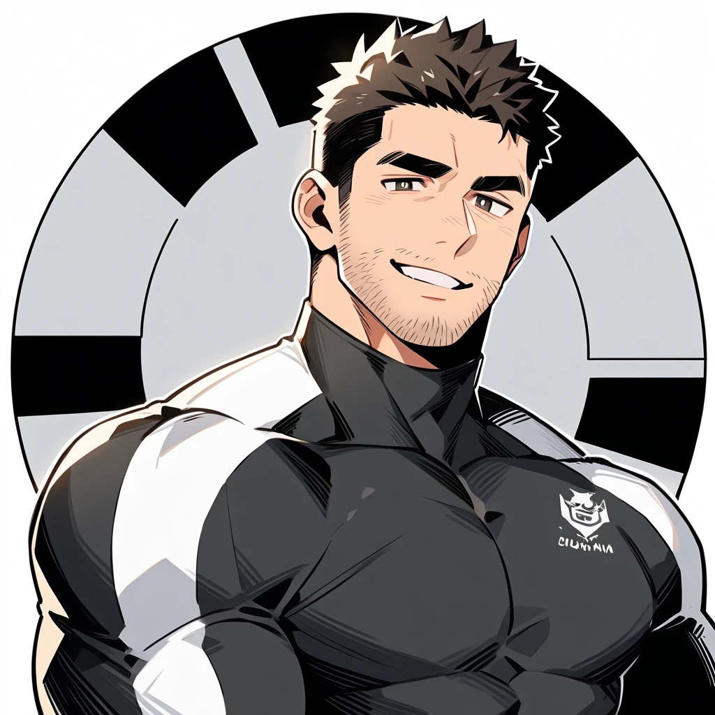 anime characters:Chris Redfield, Muscle Sports Student, Buzz Cut, Manliness, male focus, Dark black high collar long sleeve tight T-shirt, Slightly transparent material, Very tight, Round, full and perky chest muscles, muscular male, muscular, only, Upper body, alone, Black short hair, Thick eyebrows, stubble, Brown-red pupils, Grey background, simple background, amazing quality, best aesthetics, Ridiculous, crew cut, parted lips, raised eyebrow, seductive smile, naughty face, best quality