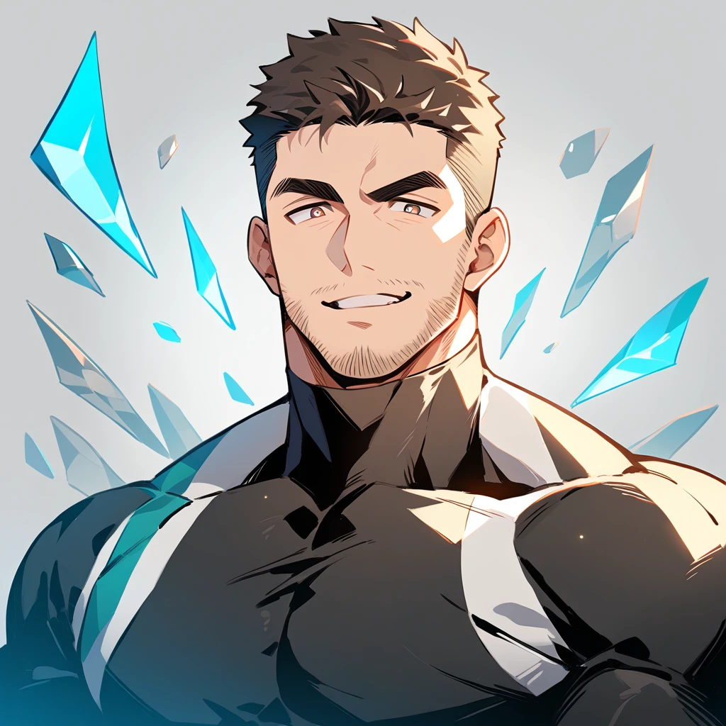 anime characters:Chris Redfield, Muscle Sports Student, Buzz Cut, Manliness, male focus, Dark black high collar long sleeve tight T-shirt, Slightly transparent material, Very tight, Round, full and perky chest muscles, muscular male, muscular, only, Upper body, alone, Black short hair, Thick eyebrows, stubble, Brown-red pupils, Grey background, simple background, amazing quality, best aesthetics, Ridiculous, crew cut, parted lips, raised eyebrow, seductive smile, naughty face, best quality