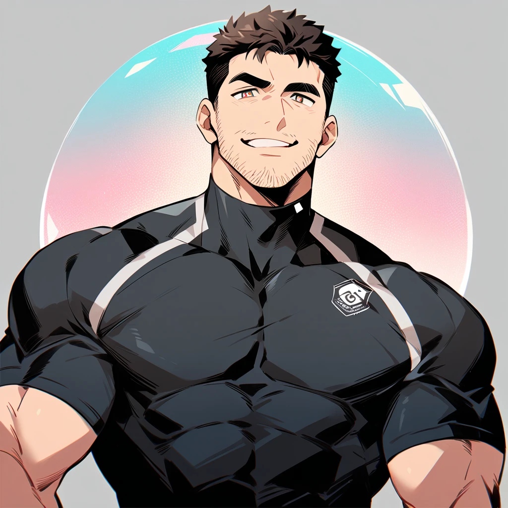 anime characters：Chris Redfield, Muscle Sports Student, Buzz Cut, Manliness, male focus, Dark black high collar long sleeve tight T-shirt, Slightly transparent material, Very tight, Round, full and perky chest muscles, muscular male, muscular, only, Upper body, alone, Black short hair, Thick eyebrows, stubble, Brown-red pupils, Grey background, simple background, amazing quality, best aesthetics, Ridiculous, crew cut, parted lips, raised eyebrow, seductive smile, naughty face, best quality