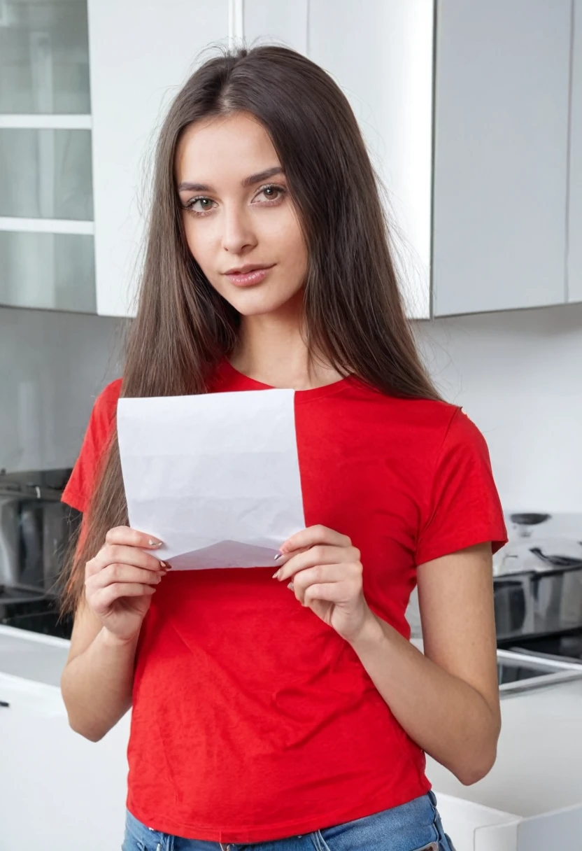 dark brown long haired European sexy juicy girl in a red T-shirt is holding a piece of paper in her hands looking at the camera, kitchen daylight