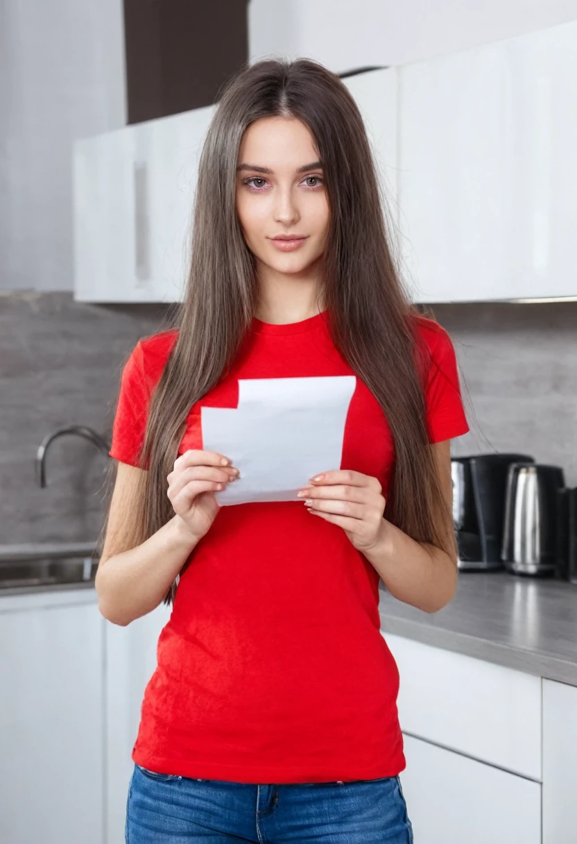 dark brown long haired European sexy juicy girl in a red T-shirt is holding a piece of paper in her hands looking at the camera, kitchen daylight