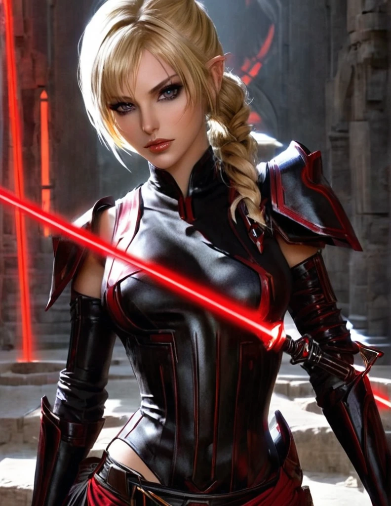 Une femme au cheveux longs blonde, seule,  apparence sensuelle, seigneur sith, inspiré de star Wars old republic, en armure moulante noir, marche dans des ruines d'un temple sith de koriban sombre, sabre laser rouge en main, a un regard fort, des yeux doré, un visage doux  et autoritaire , démarche gracieuse, courbes parfaite pour le corps en sablier, hanche ronde en forme de coeur.