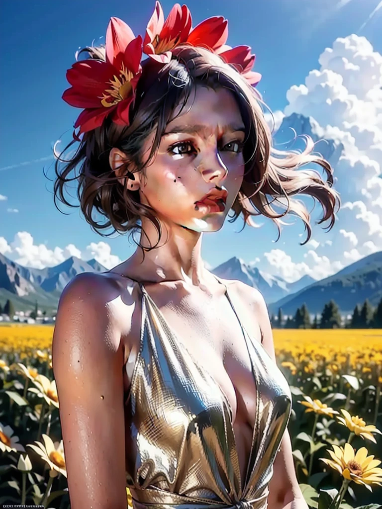 1girl, dynamic angle, cloud and mountain, (flower field:1.4) in the foreground, white dress, light tracing, (floating colorful wind:1)
(photorealistic:1.4), official art, unity 8k wallpaper, ultra detailed, beautiful and aesthetic, masterpiece,best quality, glowing skin, cinematic lighting, screaming mouth, intense gaze,