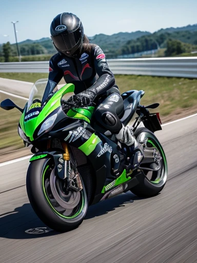  Japanese woman,black hair,27 years old, (slender), (small breasts),best quality, detailed, beautiful, insanely detailed, absurdres,perfect anatomy, motoGP, Two kawasaki racer replica motorcycles speeding down the highway, (motion blur:1.1),