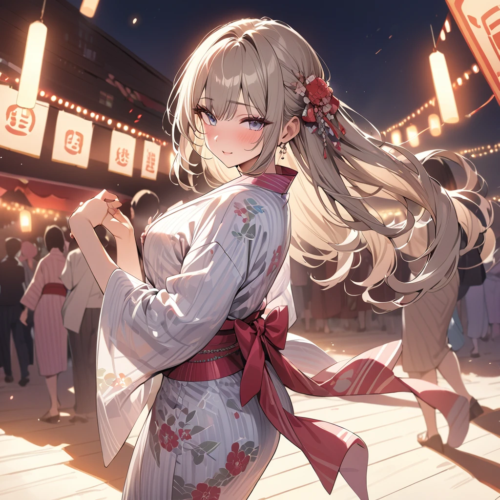 one beautifu girl,long straight gold ash hair,wearing ta Japanese yukata,She is dancing Bon dance at the festival venue,(masterpiece), (best quality), (ultra-detailed), (illustration), (detailed light),(an extremely delicate and beautiful)