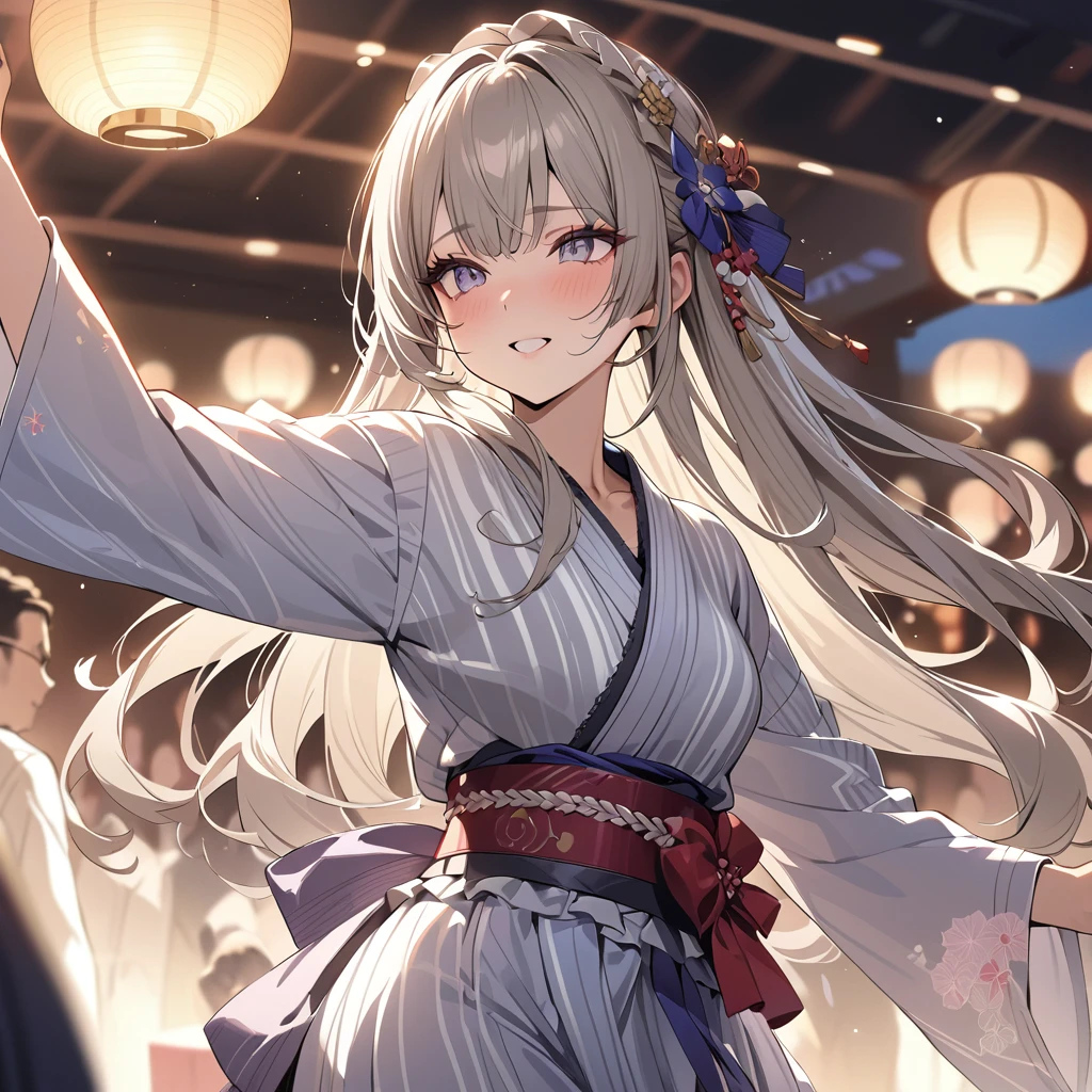 one beautifu girl,long straight gold ash hair,wearing Lolita Japanese yukata,She is dancing Bon dance at the festival venue,(masterpiece), (best quality), (ultra-detailed), (illustration), (detailed light),(an extremely delicate and beautiful)