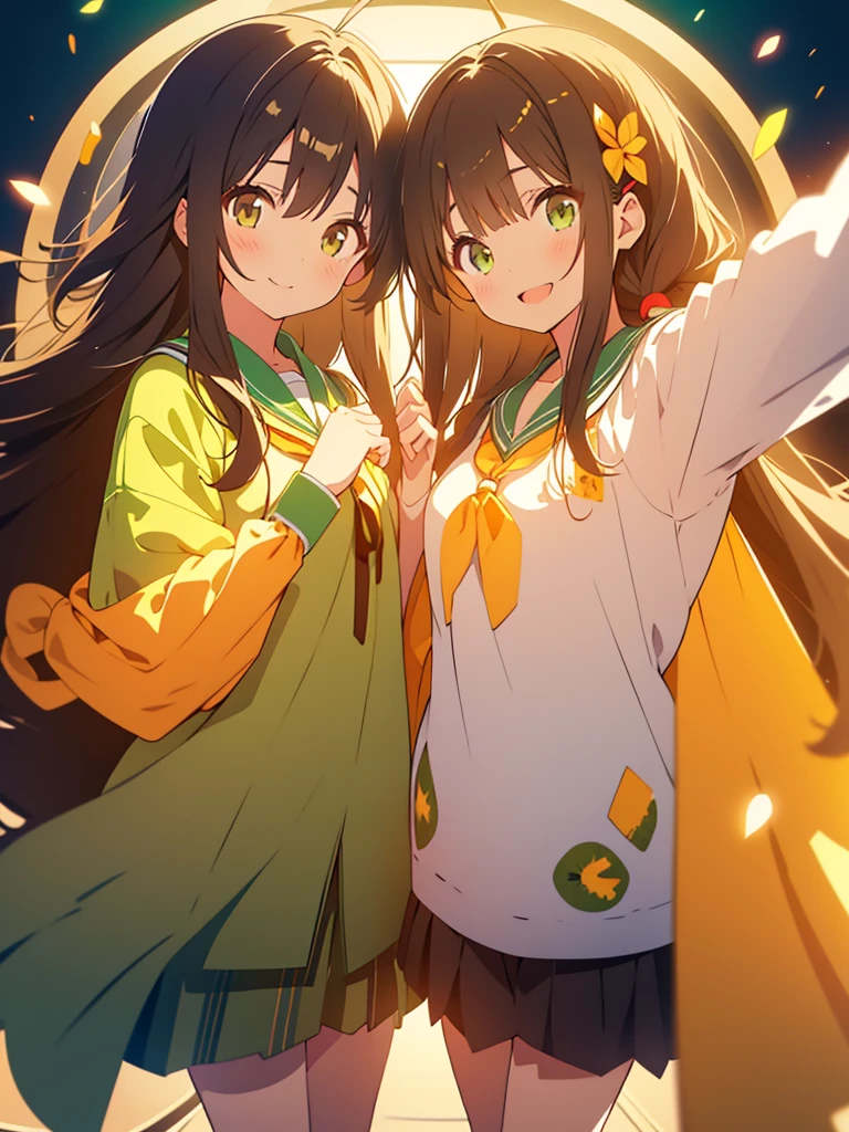 kawaii, anime, Cute, hyper quality, highly detailed, 16k, Front facing, Clarity, girl, brown long hair, green eyes, smile, two girls, Both girls have long dark brown hair., golden eyes, green kiwi, golden kiwi, pale colors, Fluffy feeling, light atmosphere, dazzling light, highlight on eyes, smiling, wink, Dark brown twintails and long dark brown hair, , whole body, fold one's hands, A good friend, close one eye, angel feather hairpin, kiwi hairpin,